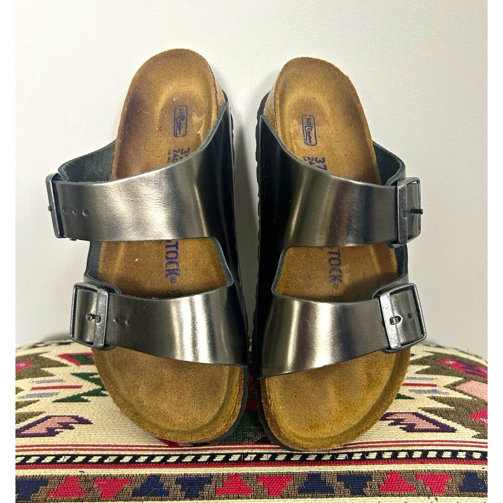 Birkenstock Metallic Anthracite 2-Strap Buckle Cork Slide Sandals EU 37 US 6.5